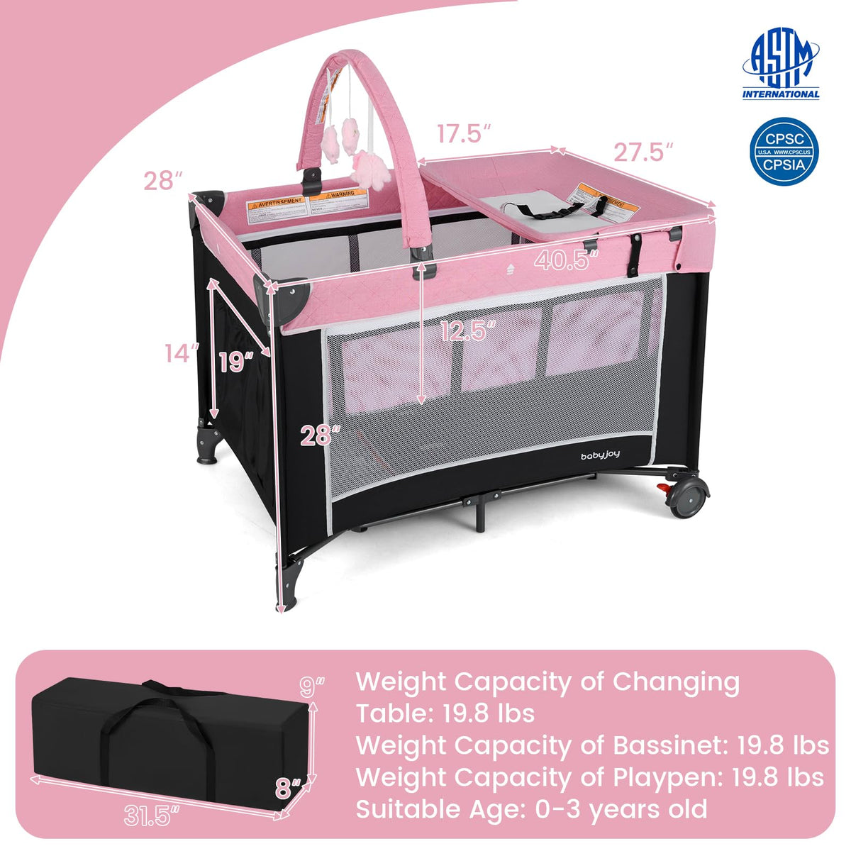 3 in 1 Pink Pack and Play Baby Crib Bassinet H1379
