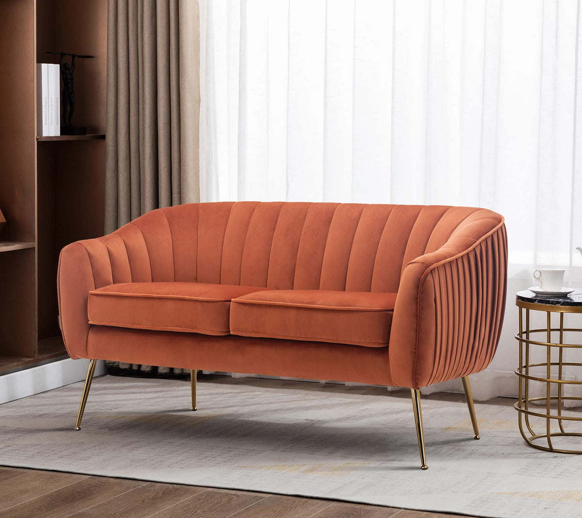 Tufted Velvet Barrel Loveseat Sofa with Golden Metal Legs N838853