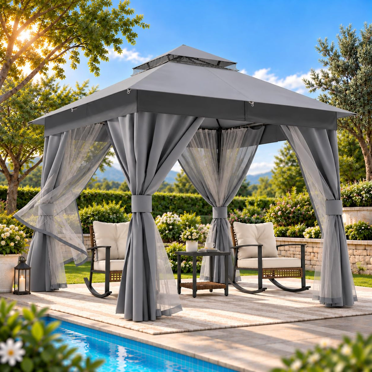 8x8 Gazebo Canopy with Netting, Curtains & Double Roof N142065