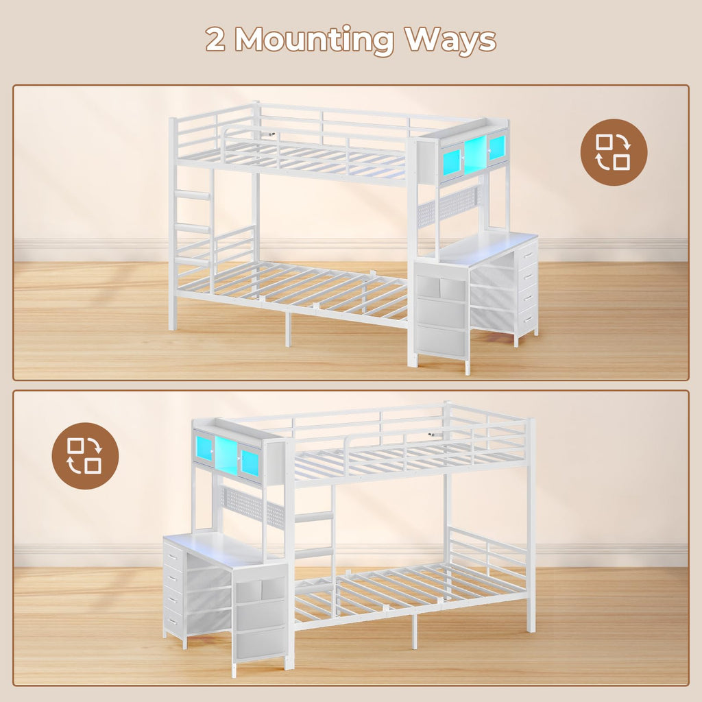 Twin Over Twin Bunk Bed with Desk & LED Light F10215