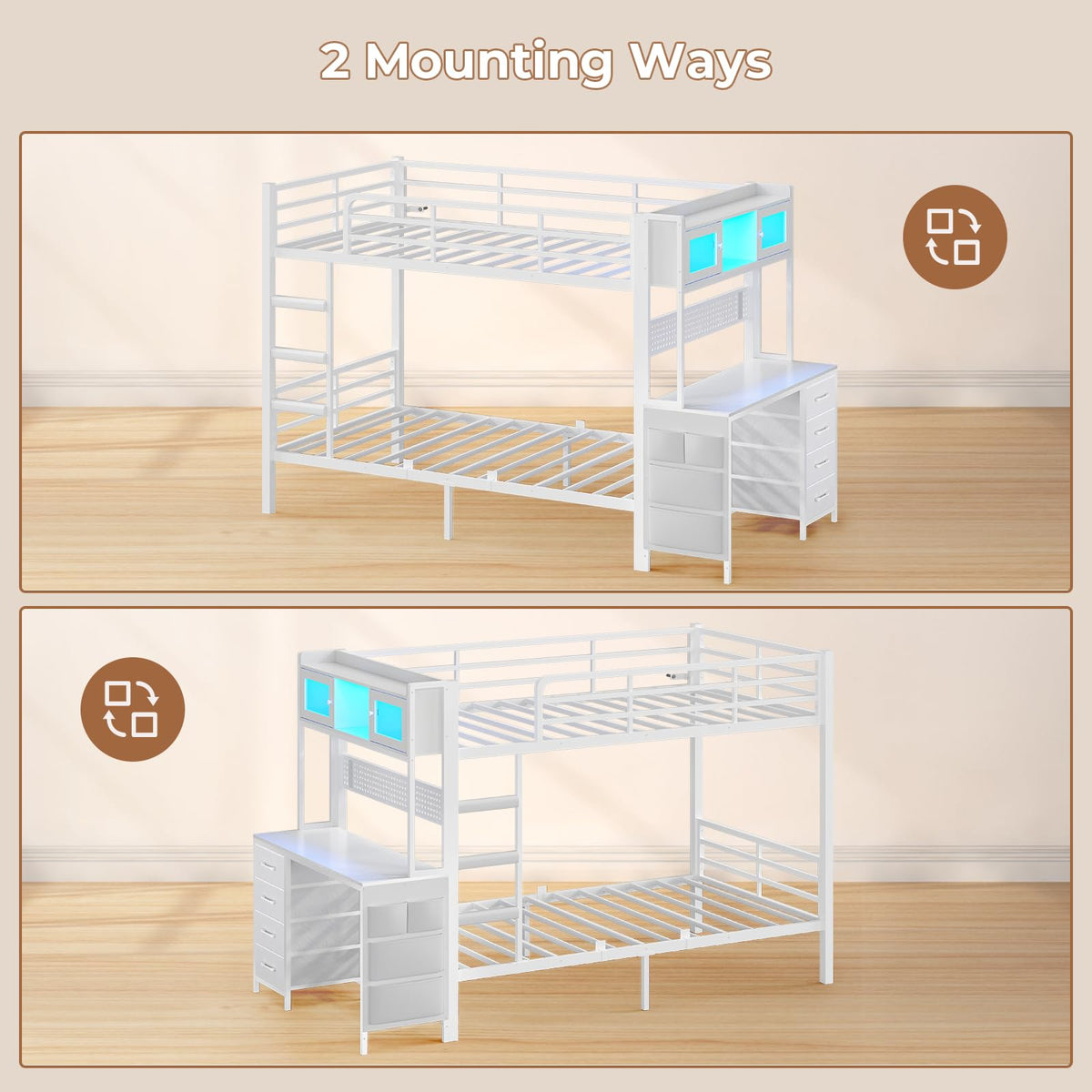 Twin Over Twin Bunk Bed with Desk & LED Light F10215