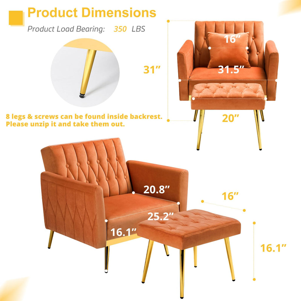 Velvet Accent Chair with Ottoman & Adjustable Backrest V988502