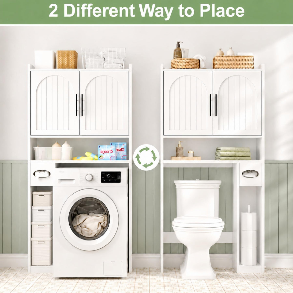 34" Over the Toilet Storage Cabinet with Arched Doors, White O452515