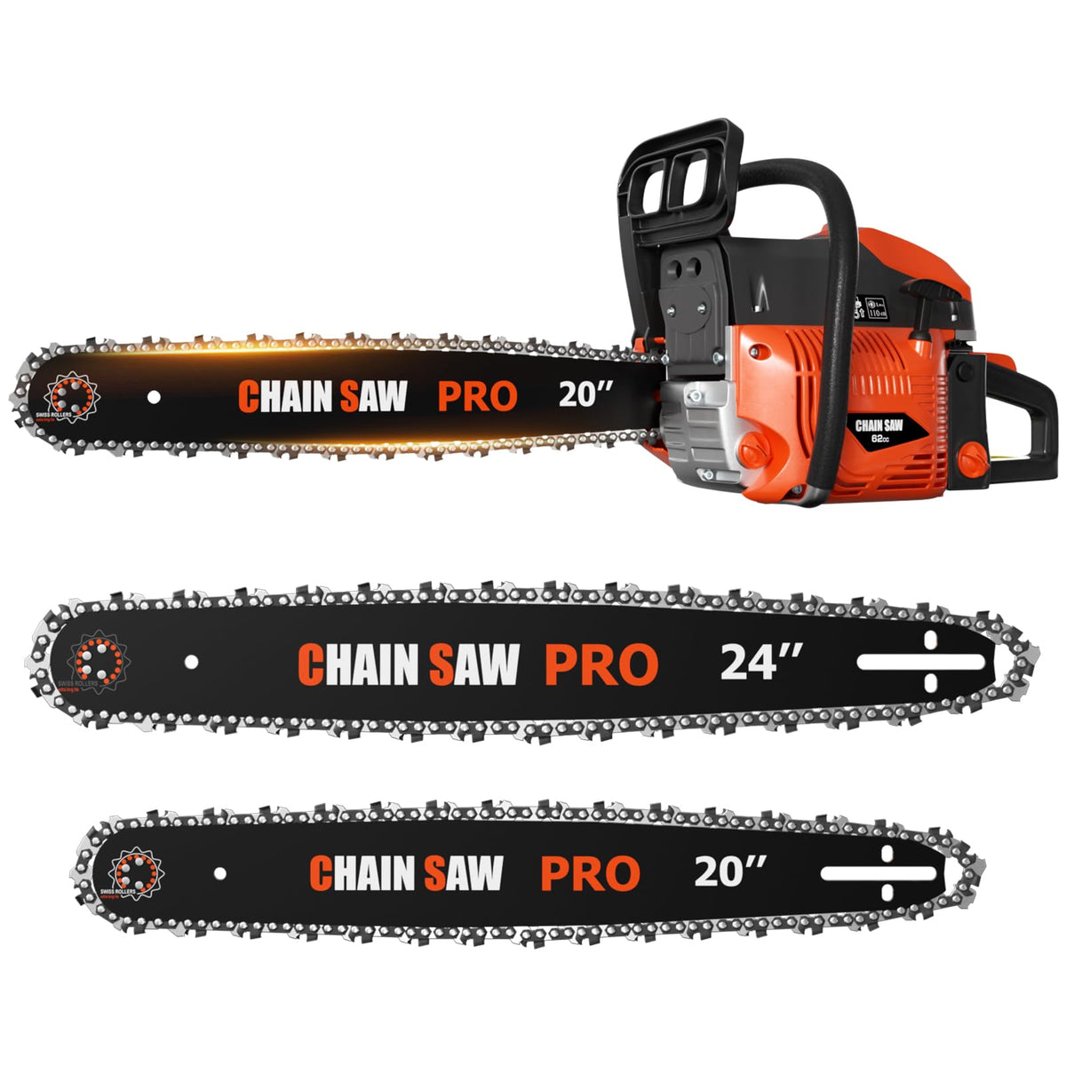 62CC Gas Chainsaw with 20inch & 24inch Chain Saw Bar O269