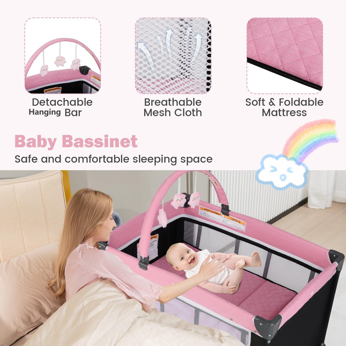 3 in 1 Pink Pack and Play Baby Crib Bassinet H1379