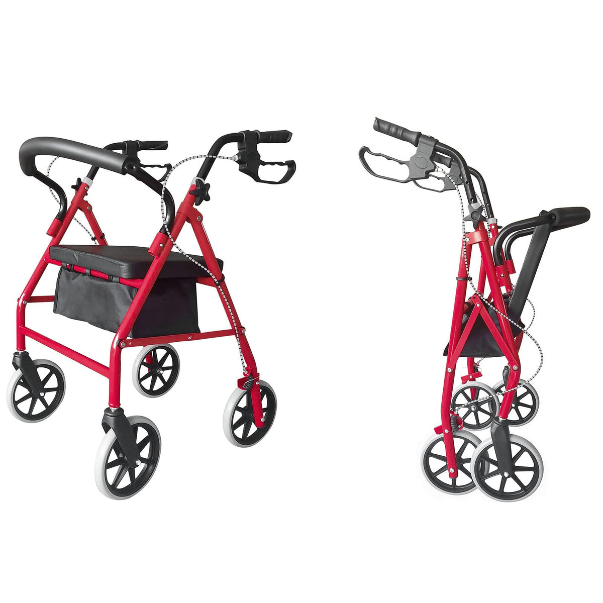 Heavy Duty Upright Rollator Walker with Padded Seat, Backrest, Height Adjustable Black & Red P566