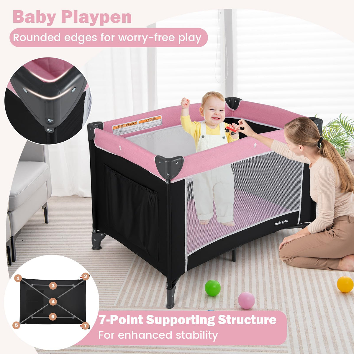 3 in 1 Pink Pack and Play Baby Crib Bassinet H1379