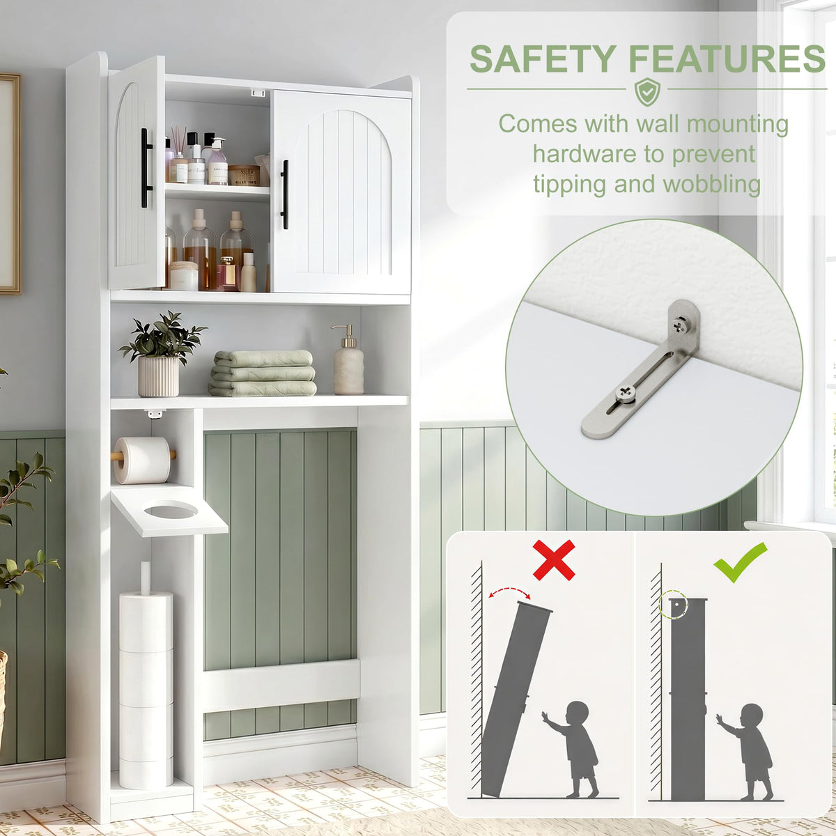 34" Over the Toilet Storage Cabinet with Arched Doors, White O452515