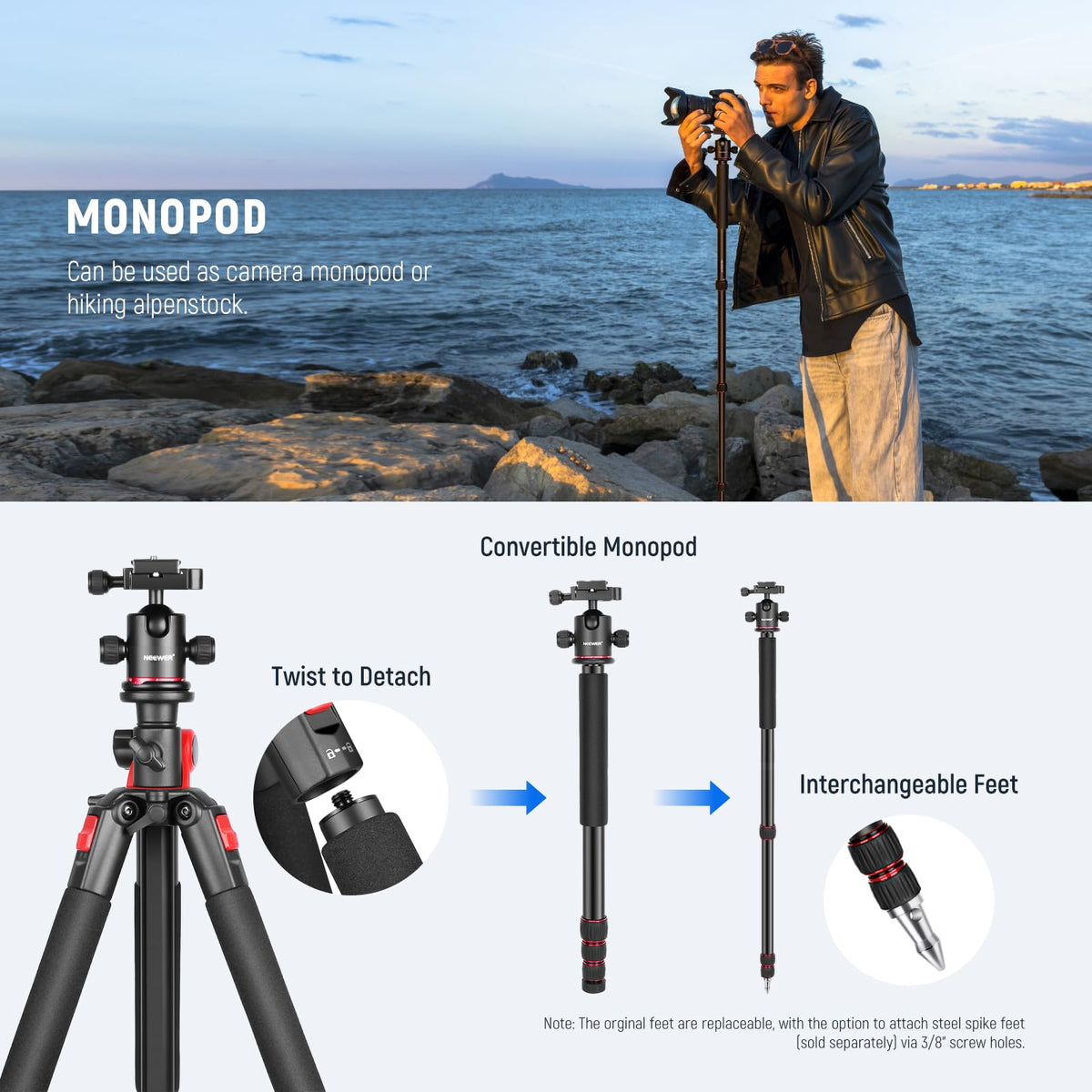 72 Inch Camera Tripod Monopod with Ball Head D752