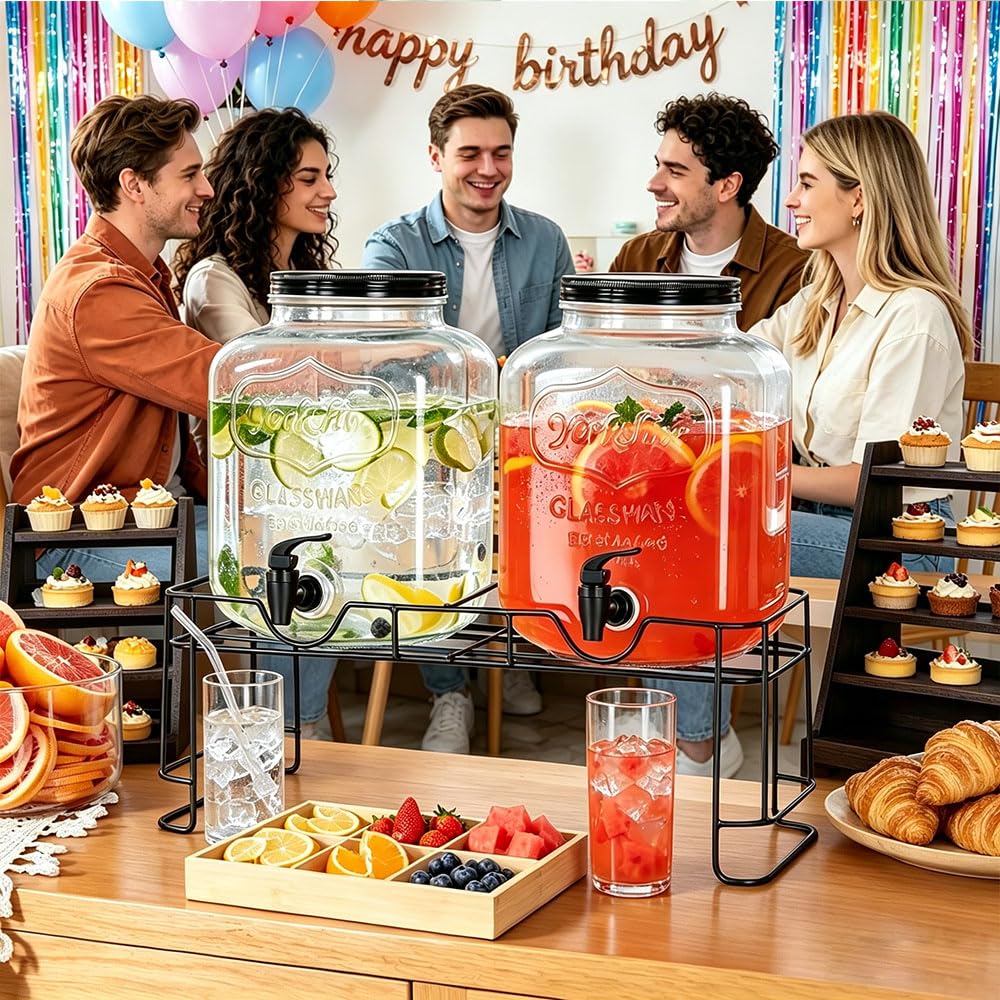 2 Pack 1.5 Gallon Glass Beverage Dispenser with Stand D3204