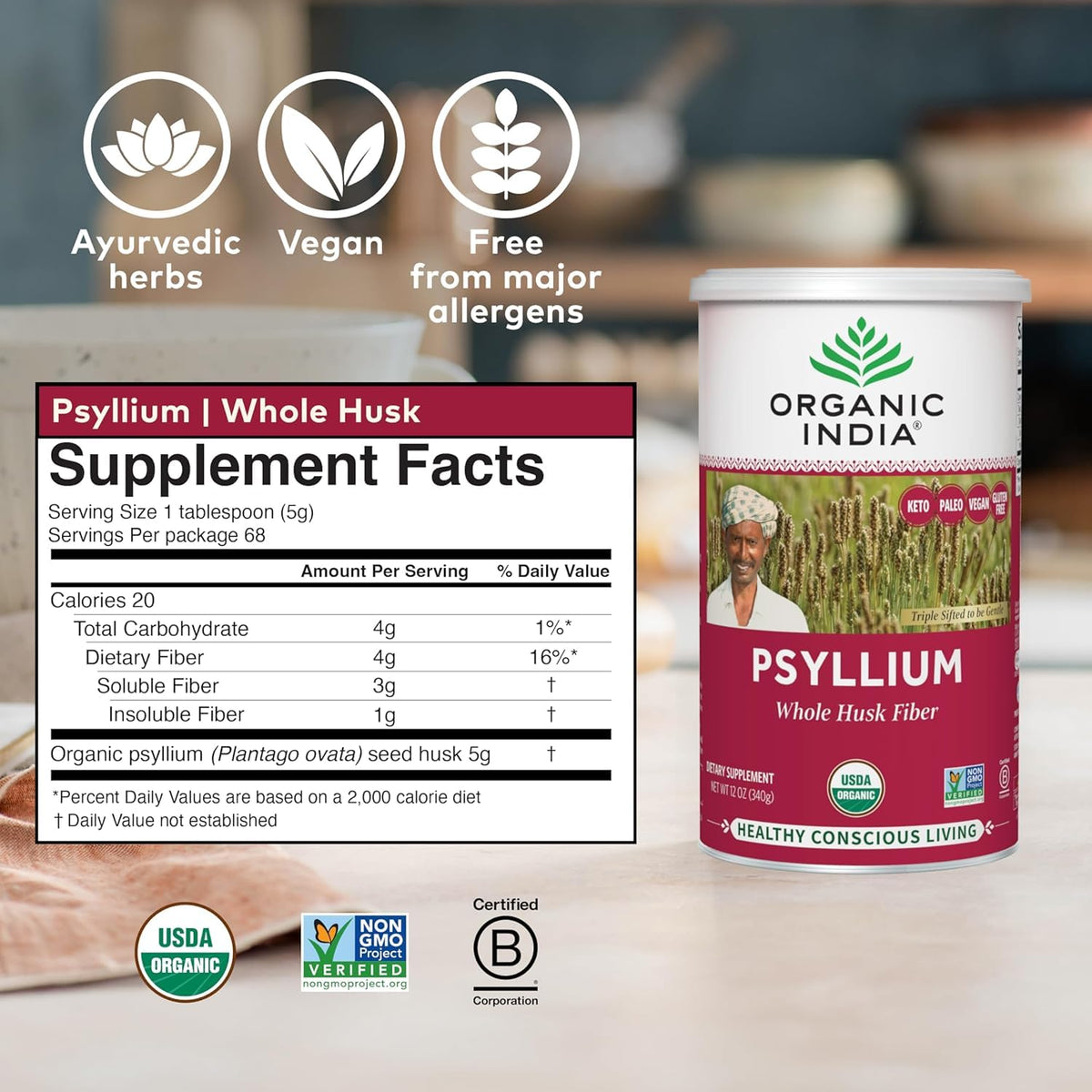 Whole Psyllium Husk Powder Organic Vegan 12 oz Z997249