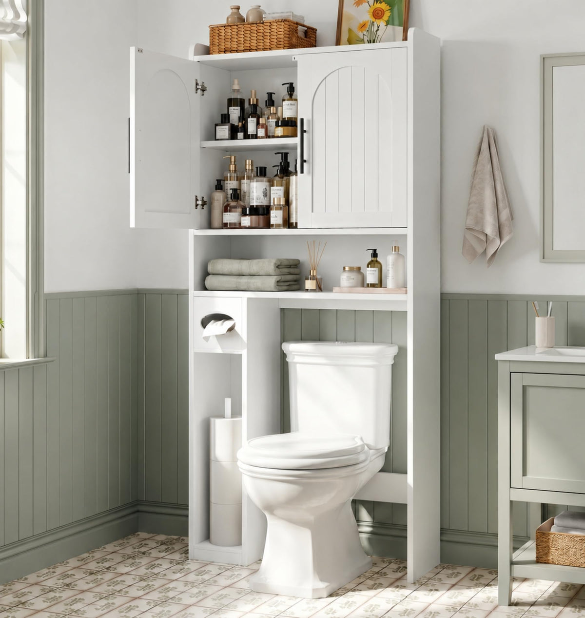34" Over the Toilet Storage Cabinet with Arched Doors, White O452515