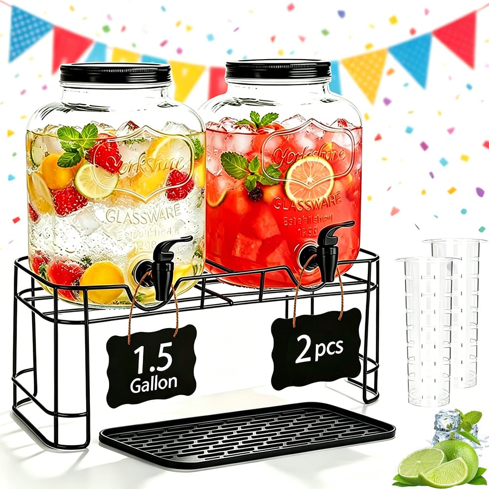 2 Pack 1.5 Gallon Glass Beverage Dispenser with Stand D3204