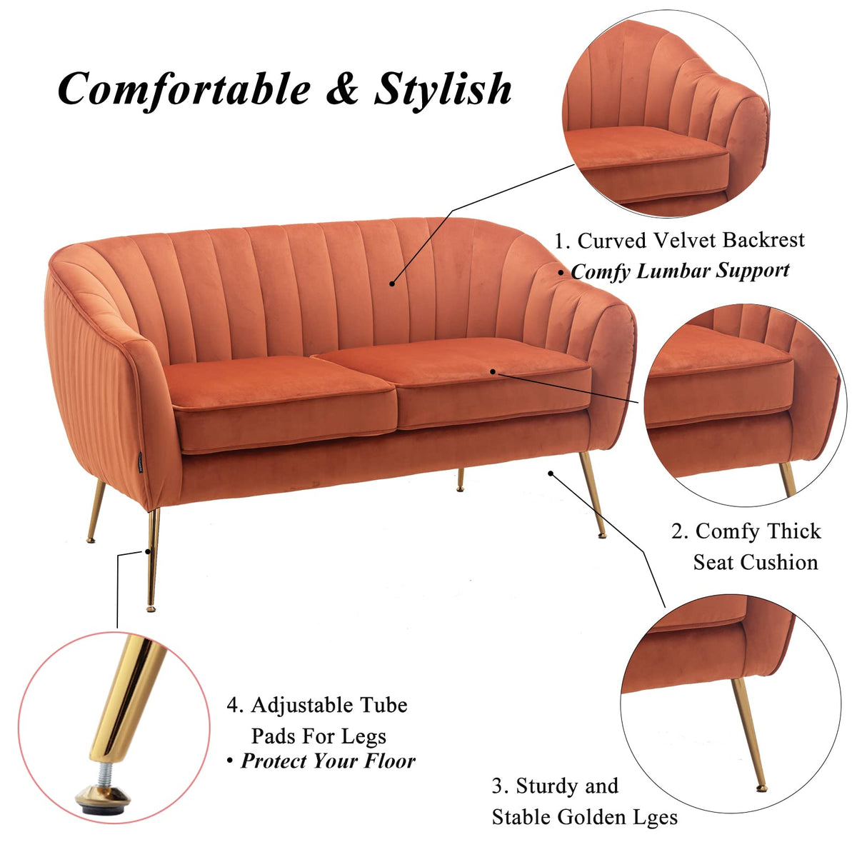 Tufted Velvet Barrel Loveseat Sofa with Golden Metal Legs N838853