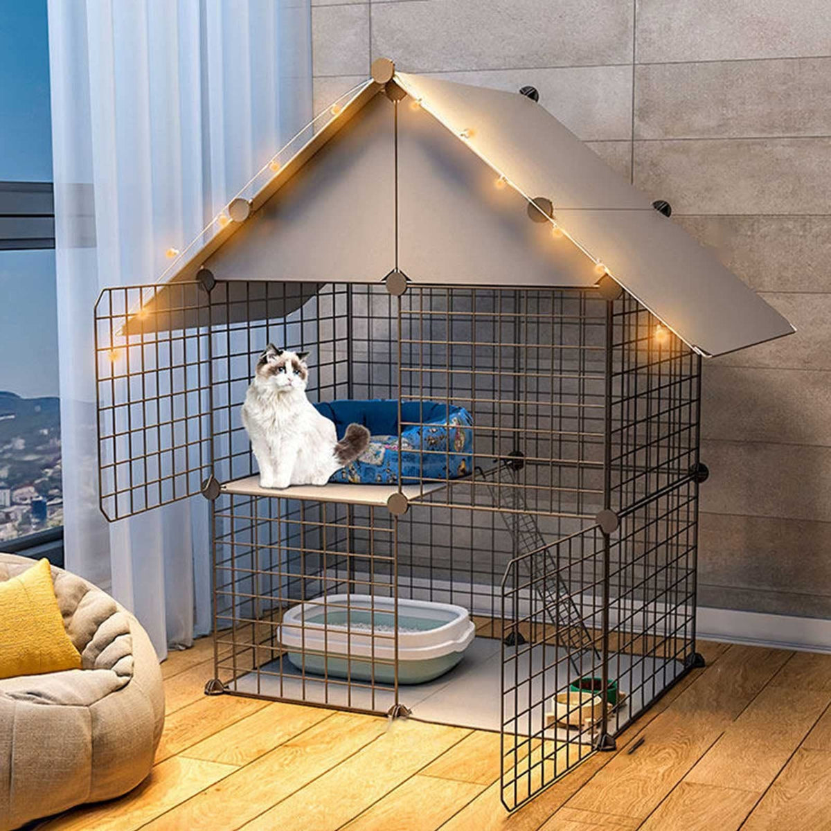 2-Tier Folding Metal Cat Cage with Hammock Y5239