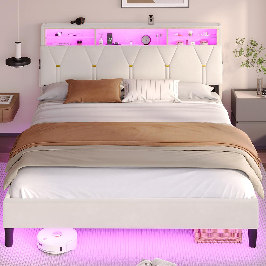 Full Size Velvet Upholstered Platform Bed Frame with Storage Headboard D76384