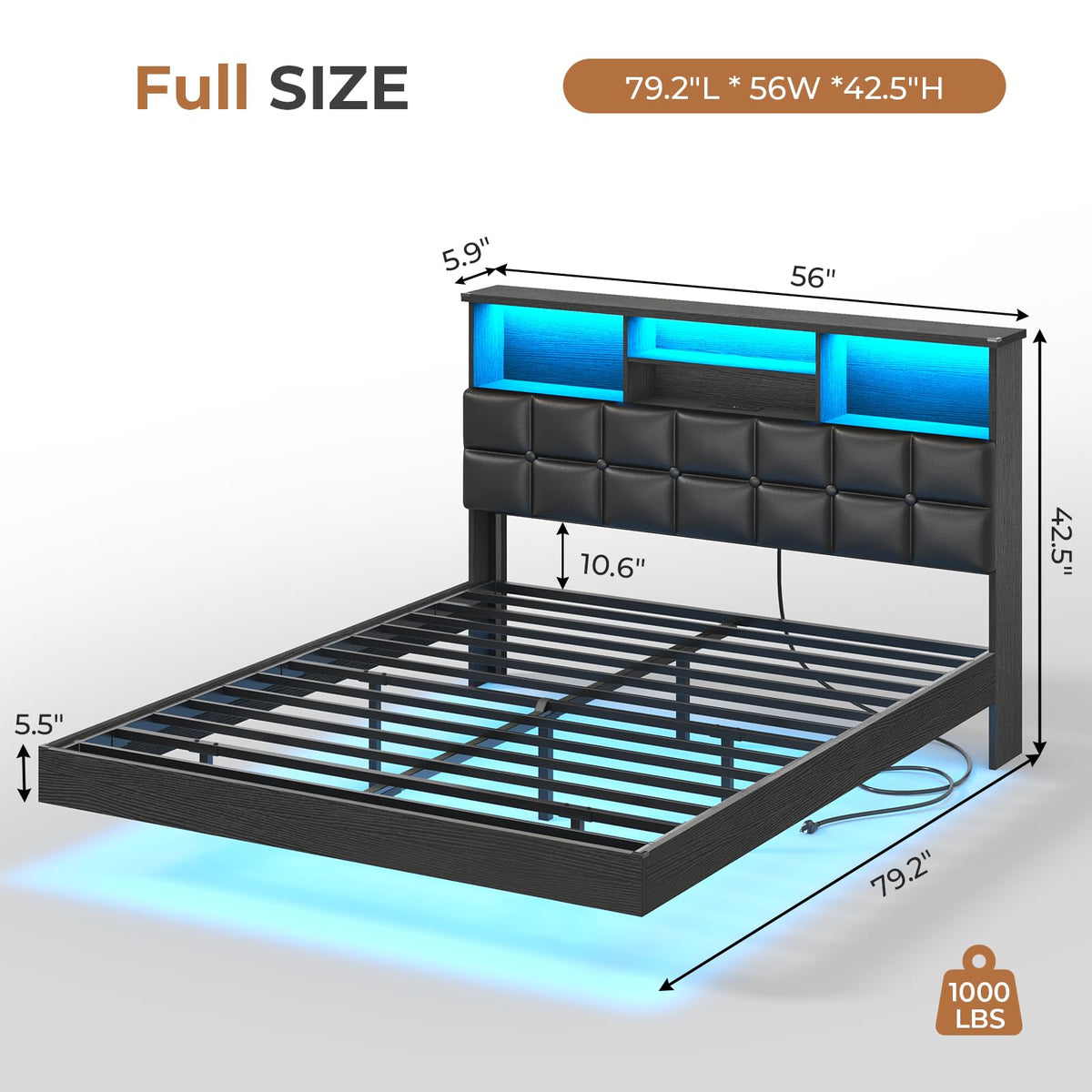Black Full Size Upholstered Platform Bed Frame with Headboard and Storage L783