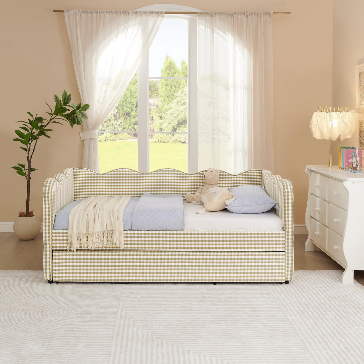 Twin Size Gingham Daybed with Trundle and USB Ports F499