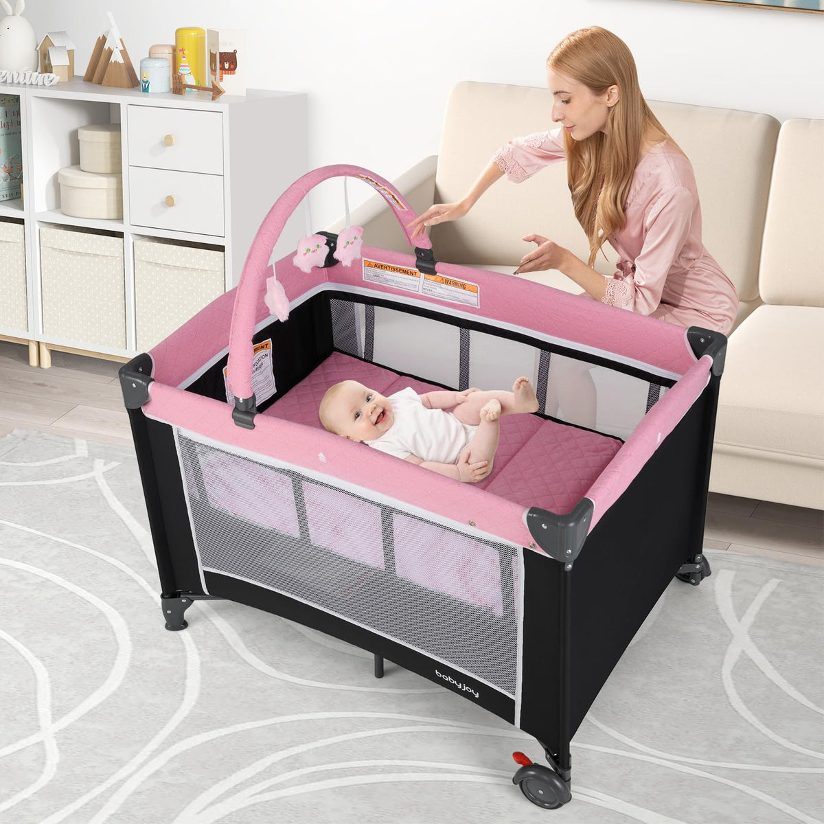 3 in 1 Pink Pack and Play Baby Crib Bassinet H1379