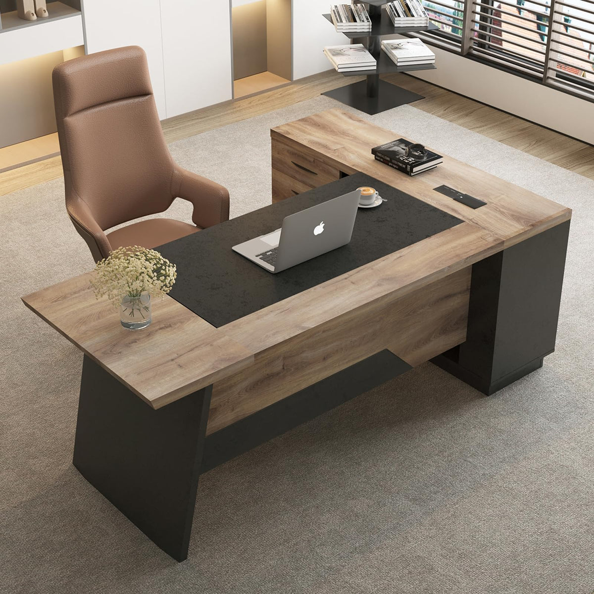Black and Wood L Shape Executive Desk with Drawers and Shelves U786