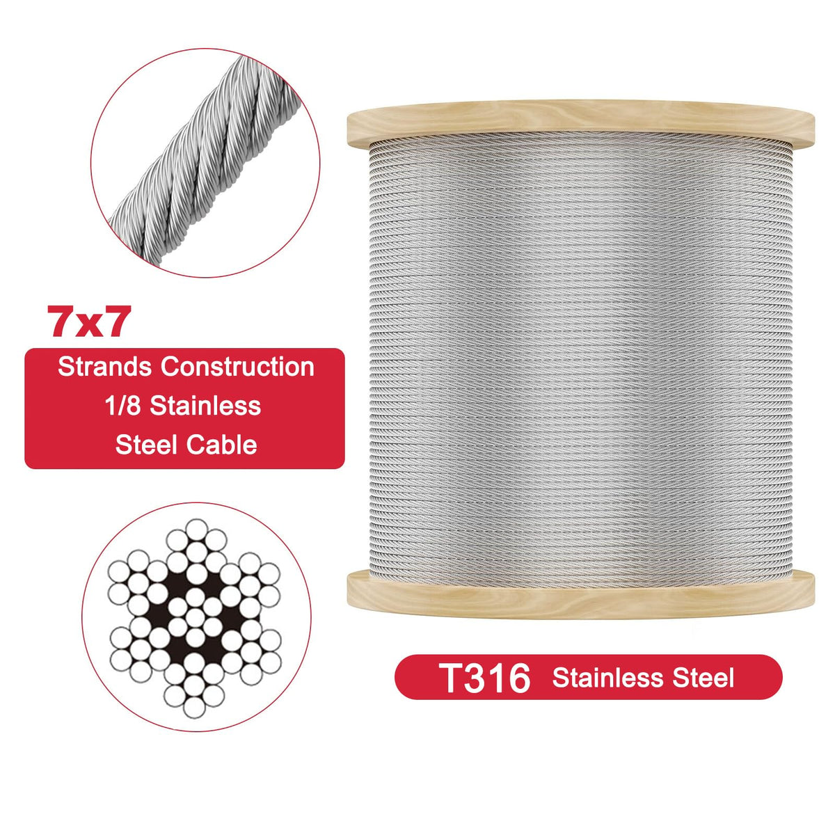 1/8 T316 Stainless Steel Cable 7x7 Strands K61411