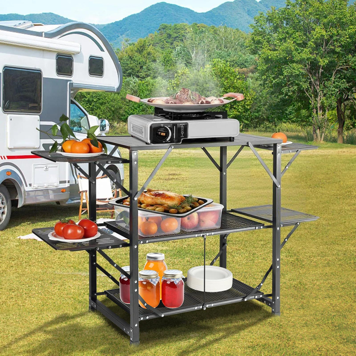 Aluminum Folding Camping Kitchen Table with 2 Shelves Z21044