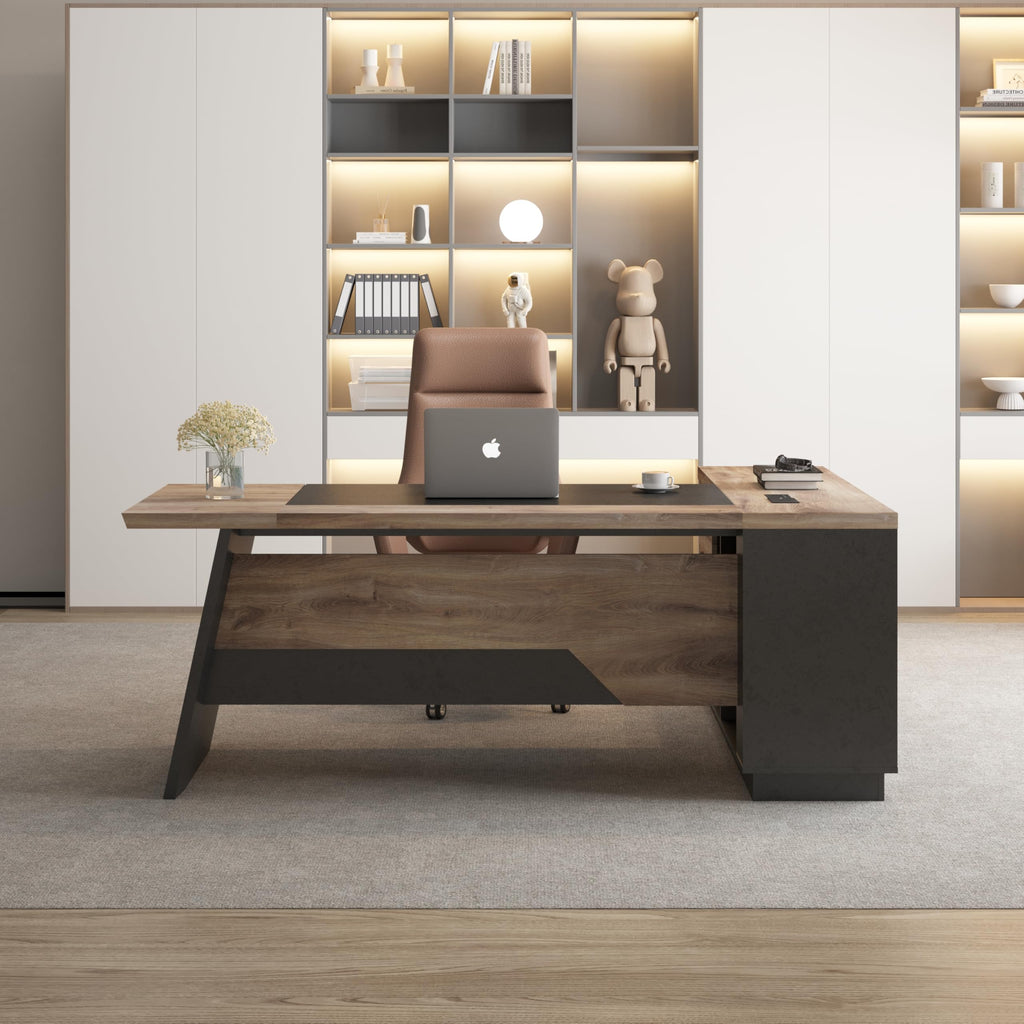 Black and Wood L Shape Executive Desk with Drawers and Shelves U786