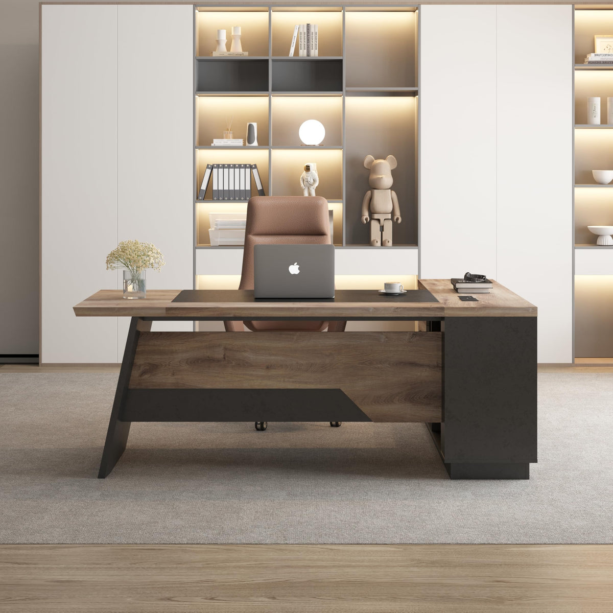 Black and Wood L Shape Executive Desk with Drawers and Shelves U786