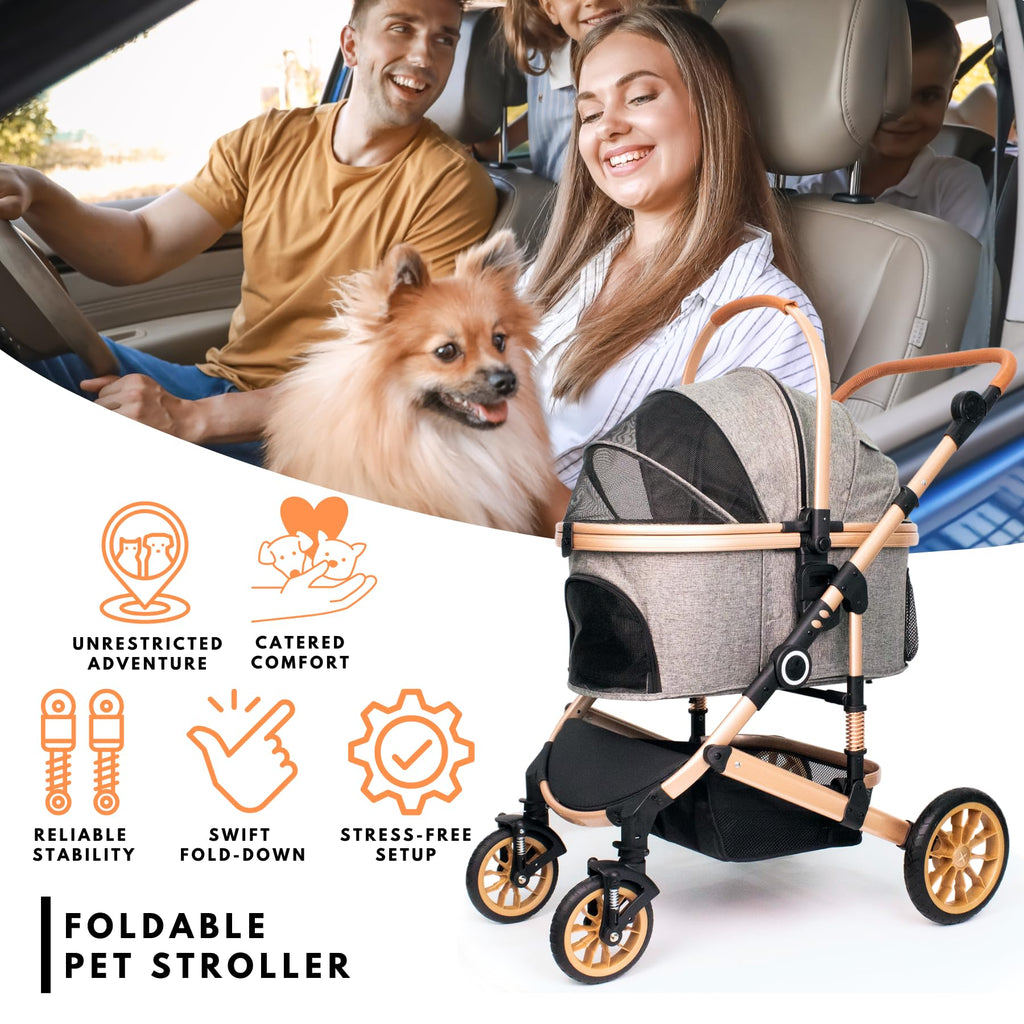 Dog Stroller with Detachable Carrier, Rubber Wheels, 50 lbs, Grey O498822