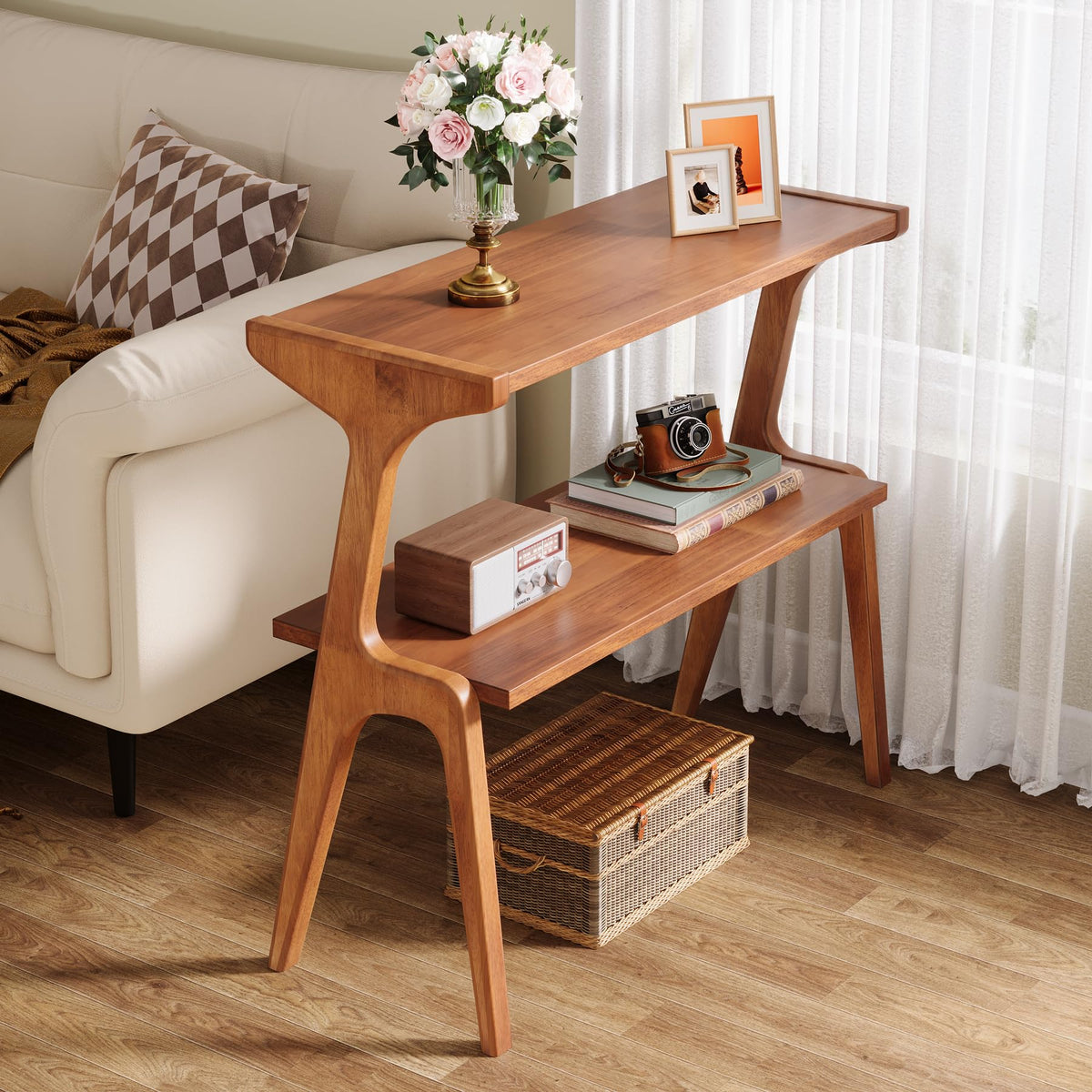 Set of 2 Solid Wood 2-Tier Side Table with Storage Shelf Y463