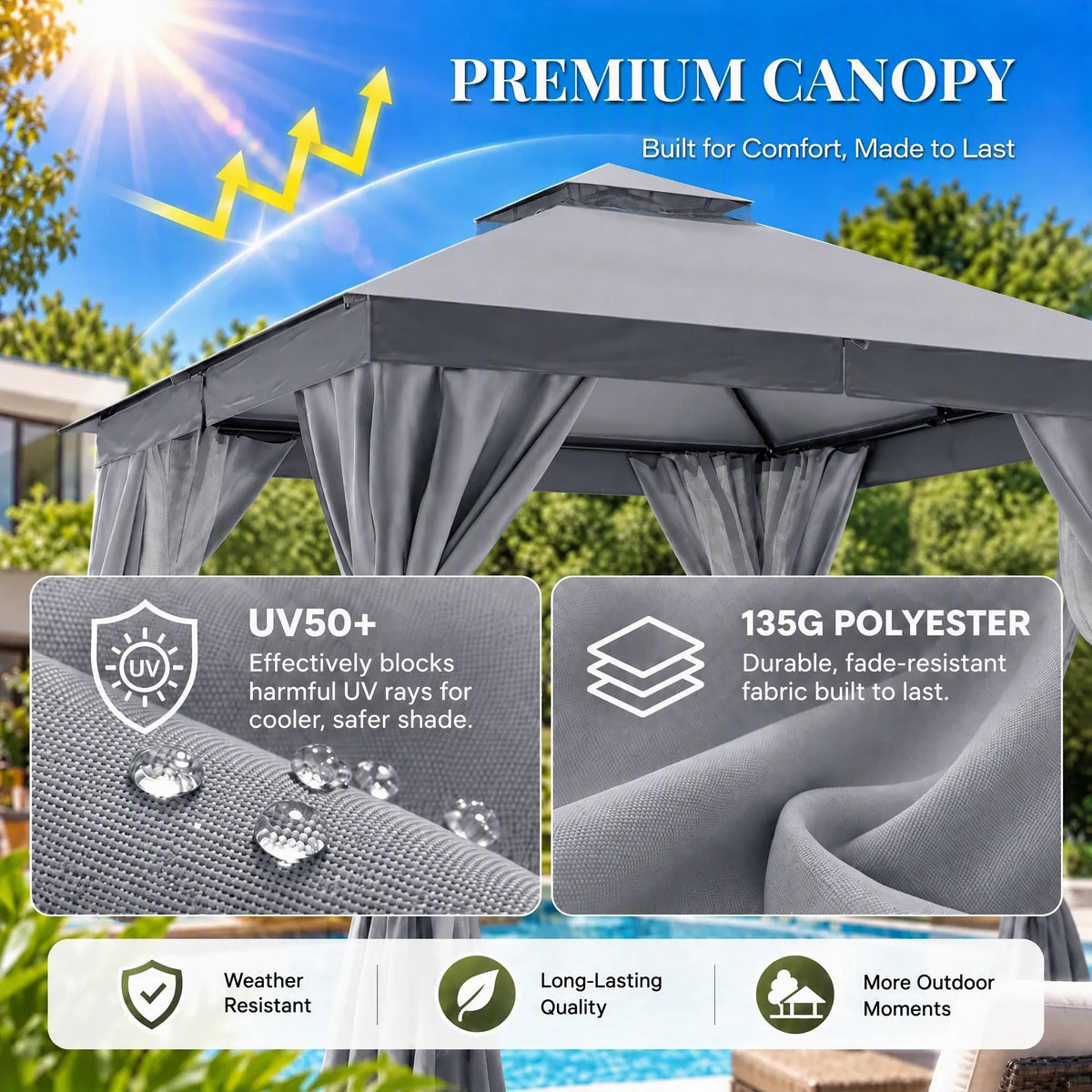 8x8 Gazebo Canopy with Netting, Curtains & Double Roof N142065
