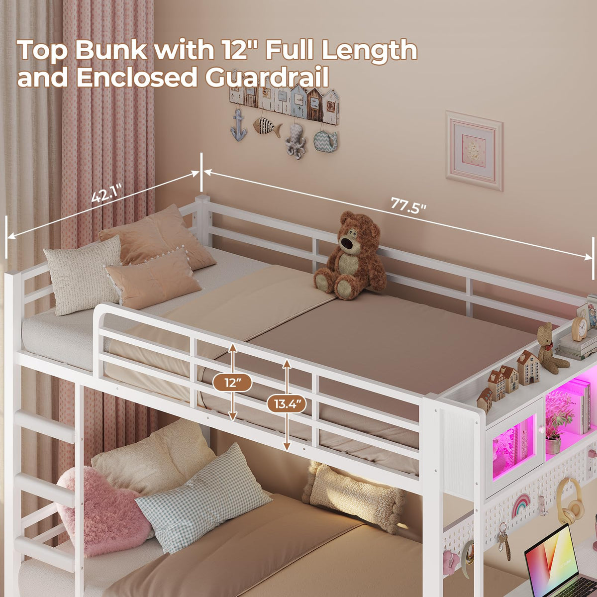 Twin Over Twin Bunk Bed with Desk & LED Light F10215