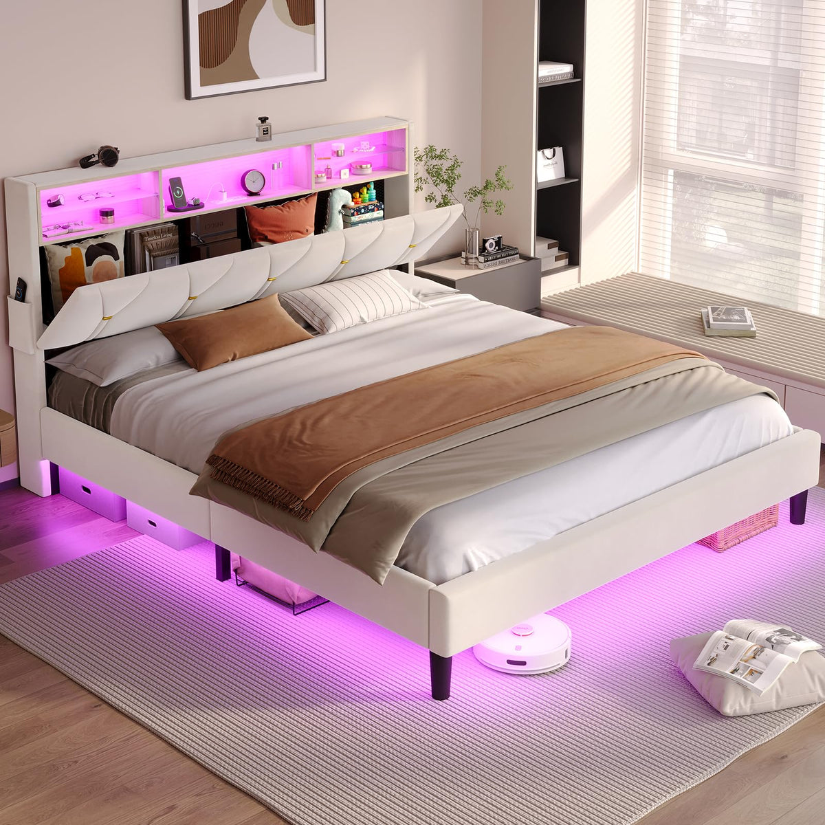 Full Size Velvet Upholstered Platform Bed Frame with Storage Headboard D76384