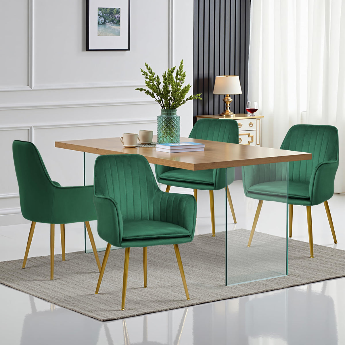 Set of 2 Green Velvet Upholstered Dining Chairs with Metal Legs G4582