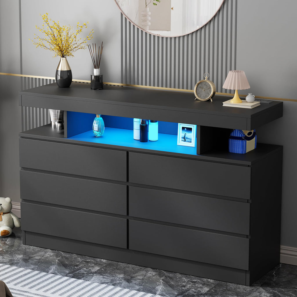 Black Dresser with Charging Station and LED Lights N306120