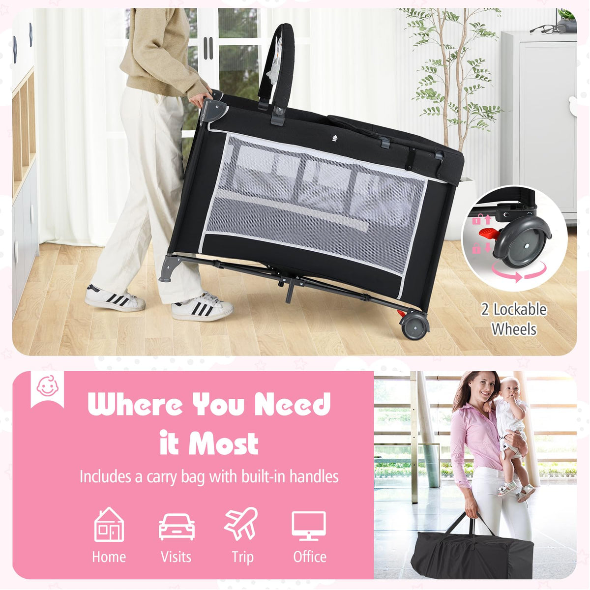 4 in 1 Folding Playpen with Bassinet and Carry Bag Q9650