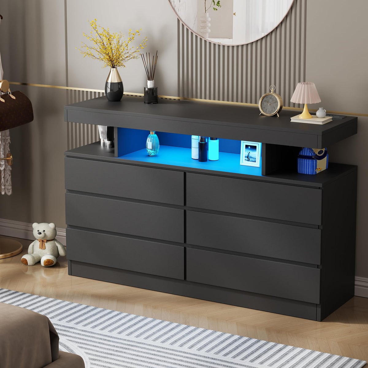 Black Dresser with Charging Station and LED Lights N306120
