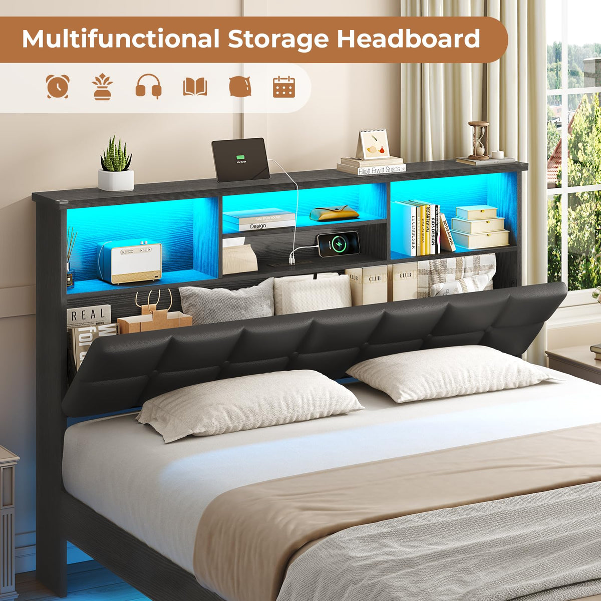 Black Full Size Upholstered Platform Bed Frame with Headboard and Storage L783