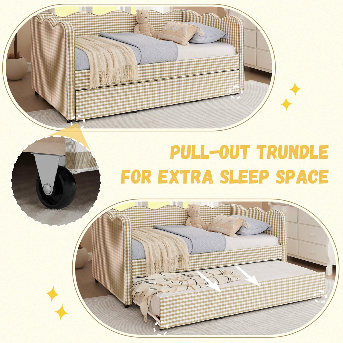 Twin Size Gingham Daybed with Trundle and USB Ports F499