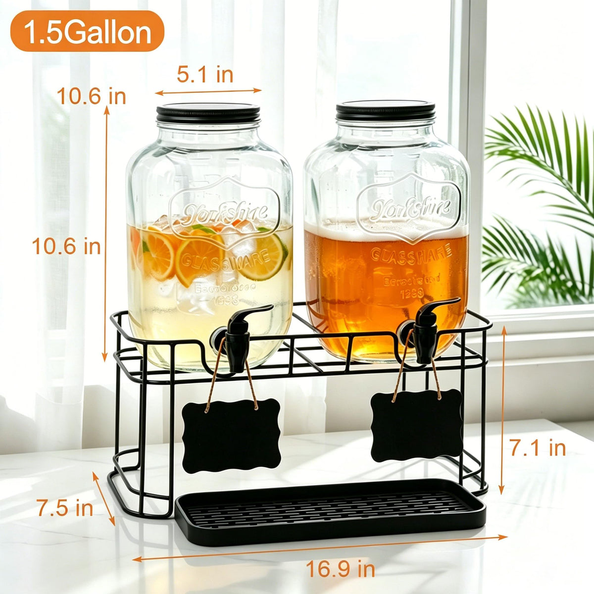 2 Pack 1.5 Gallon Glass Beverage Dispenser with Stand D3204