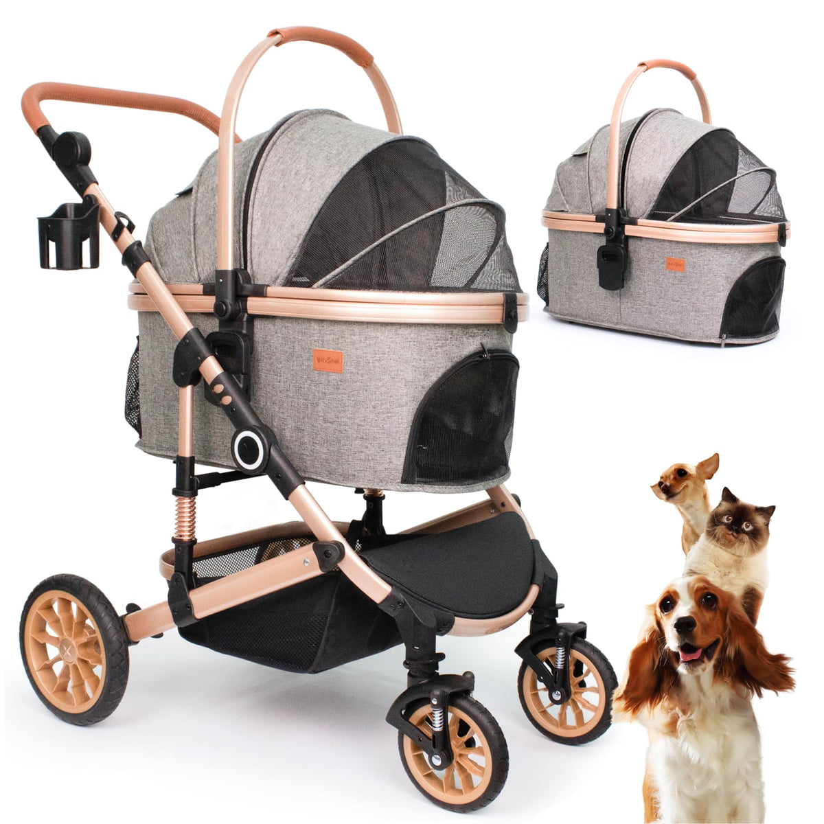 Dog Stroller with Detachable Carrier, Rubber Wheels, 50 lbs, Grey O498822