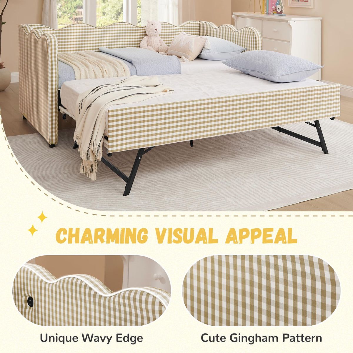 Twin Size Gingham Daybed with Trundle and USB Ports F499