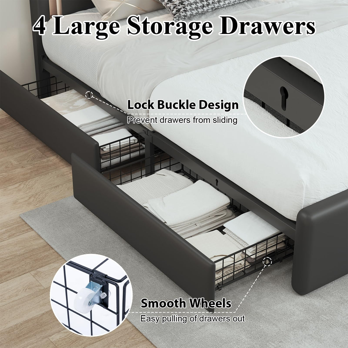 Full Size Bed Frame with Storage Drawers and Charging Station, Black W828583