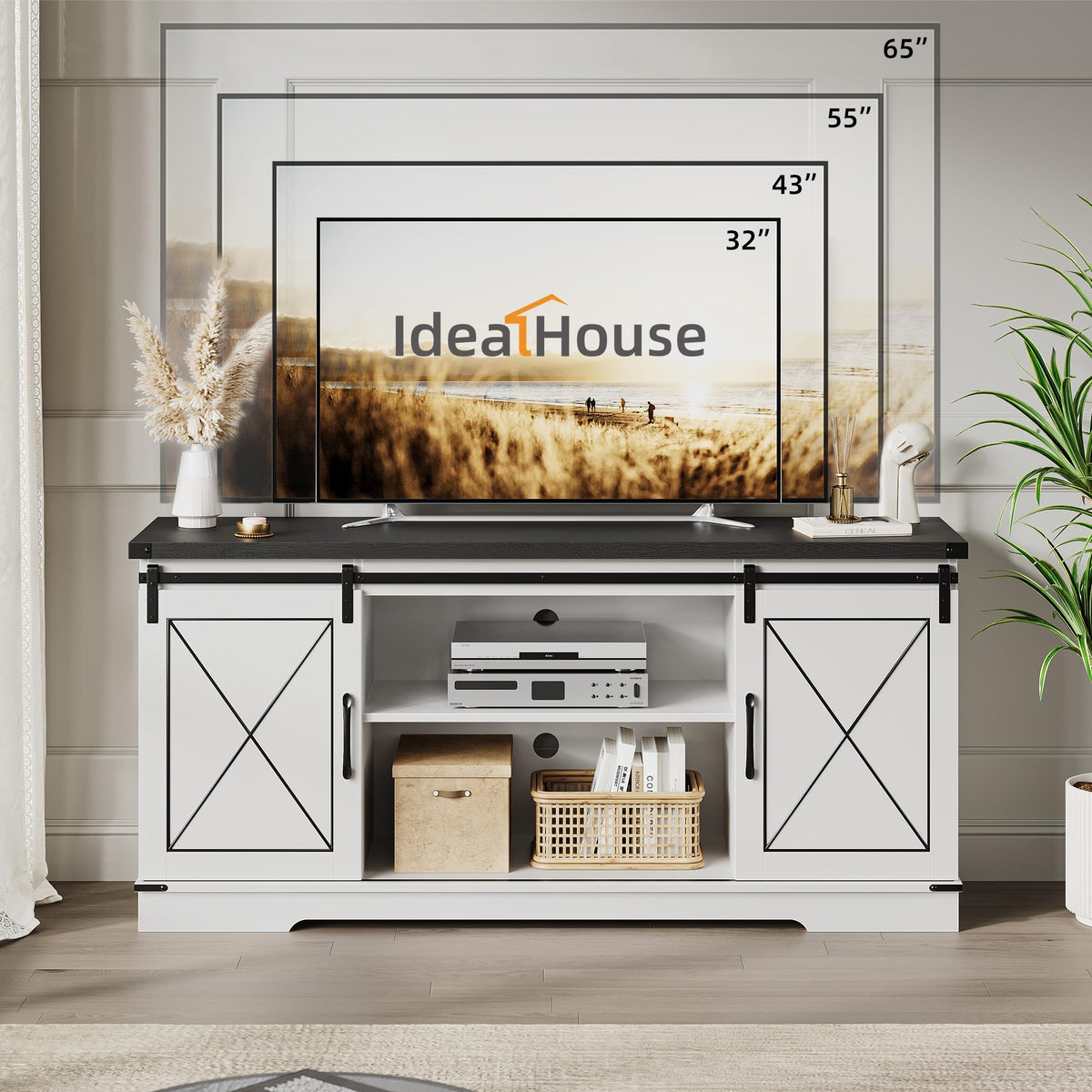 Farmhouse TV Stand with Sliding Barn Doors and Adjustable Shelves Q163