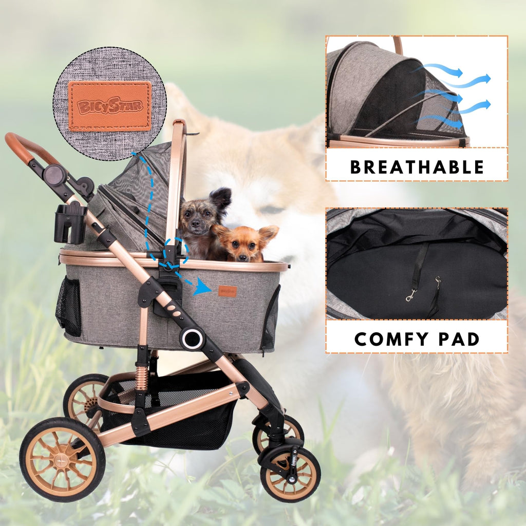 Dog Stroller with Detachable Carrier, Rubber Wheels, 50 lbs, Grey O498822