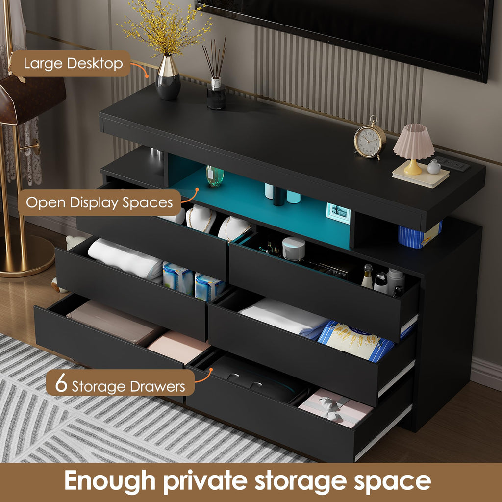 Black Dresser with Charging Station and LED Lights N306120