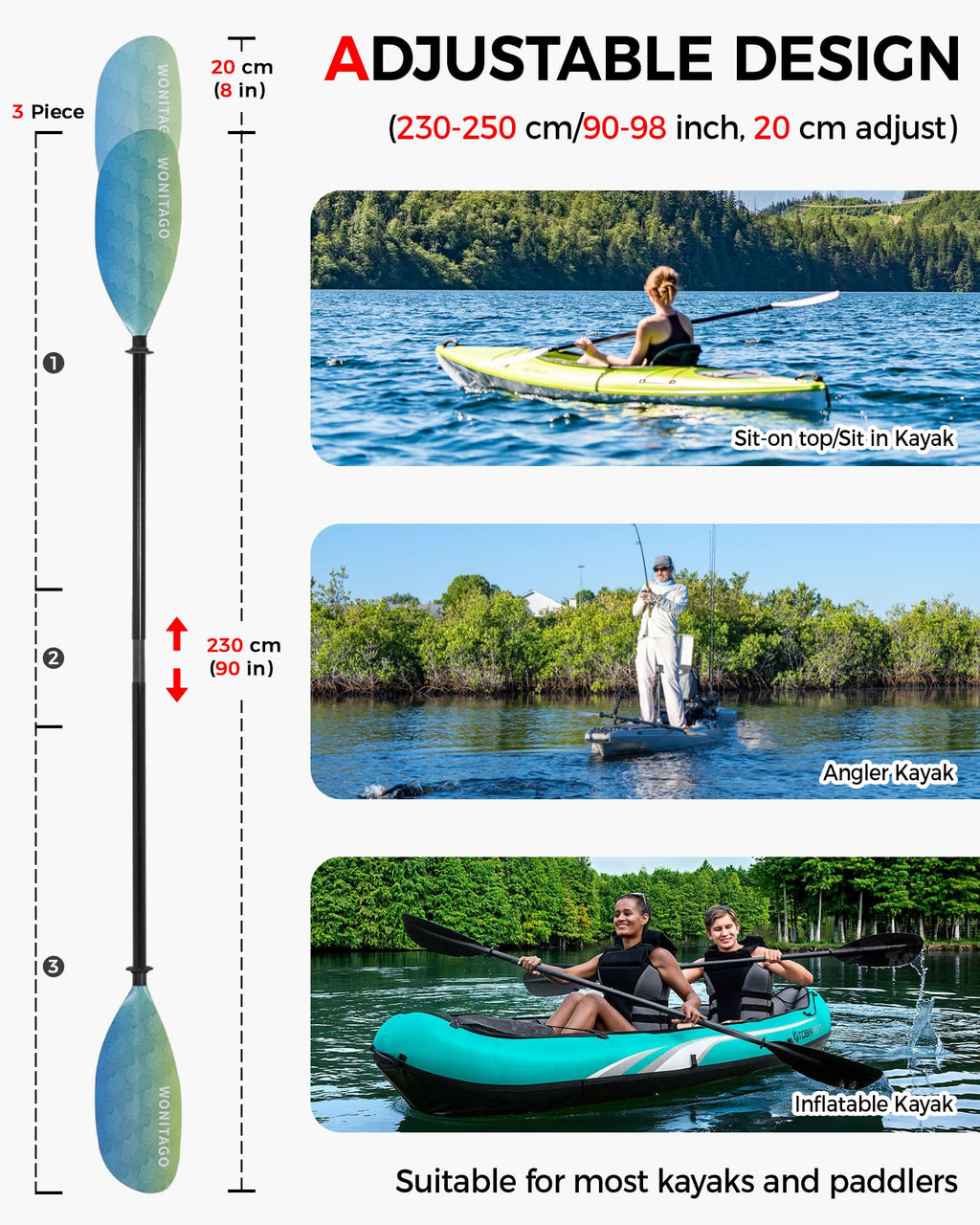 Adjustable Fiberglass Shaft Nylon Blade Kayak Paddle Q14471