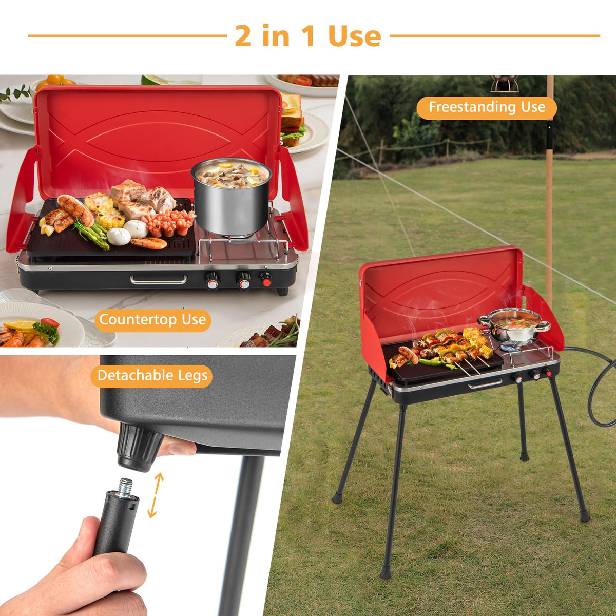 2-Burner Portable Gas Camping Stove with Detachable Legs H381817