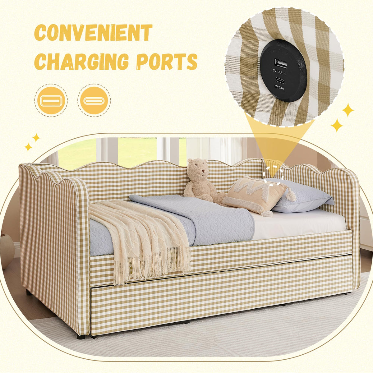 Twin Size Gingham Daybed with Trundle and USB Ports F499