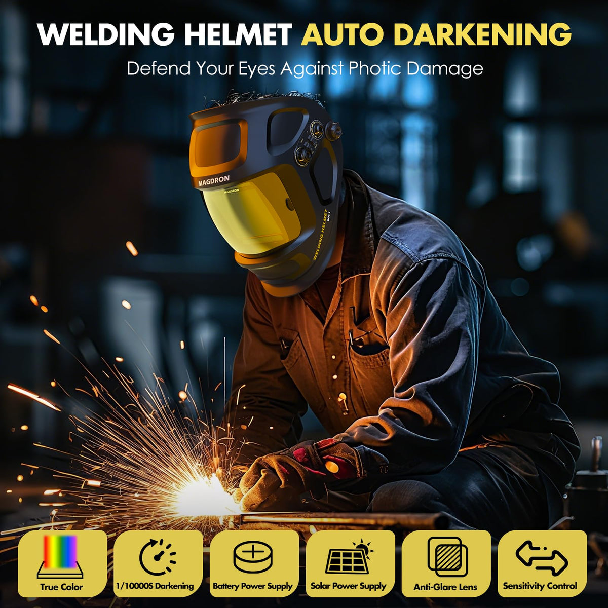 Auto Darkening Welding Helmet Large View True Color 4 Arc Sensor Solar/Battery Powered N316